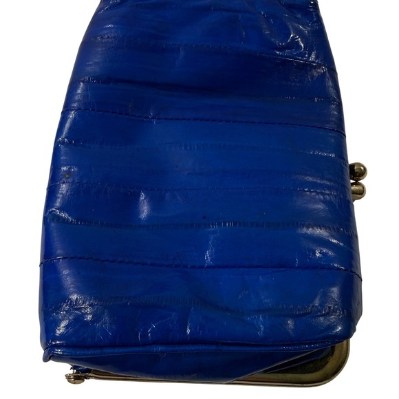 Vintage Coin Purse Eel Skin Clam Shell Make Up Bag Kiss Lock Frame Mirrored Blue - Picture 8 of 15